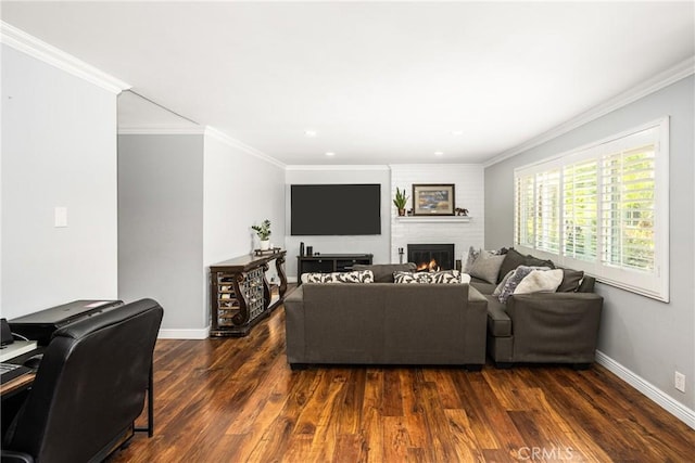 134 S Magnolia Ave Unit 21A, Anaheim, CA 92804 - living room with a fireplace, baseboards, crown molding, and dark wood-type flooring