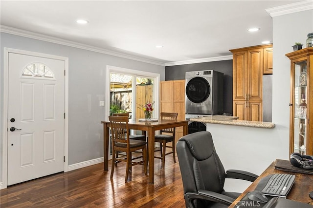 134 S Magnolia Ave Unit 21A, Anaheim, CA 92804 - interior space featuring crown molding, stacked washer and clothes dryer, baseboards, dark wood-type flooring, and recessed lighting