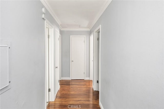 134 S Magnolia Ave Unit 21A, Anaheim, CA 92804 - hall with crown molding, attic access, baseboards, and wood finished floors