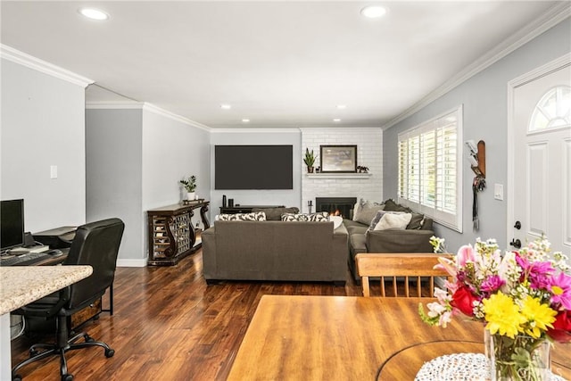 134 S Magnolia Ave Unit 21A, Anaheim, CA 92804 - living area featuring recessed lighting, dark wood-style flooring, and a brick fireplace