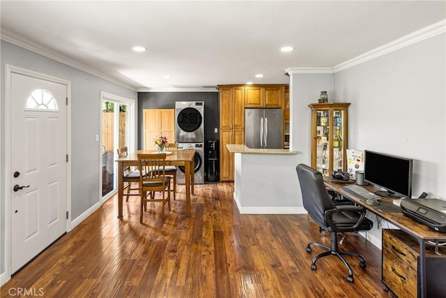 134 S Magnolia Ave Unit 21A, Anaheim, CA 92804 - home office featuring crown molding, recessed lighting, stacked washer and clothes dryer, and dark wood-style flooring
