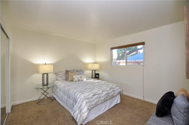 bedroom with carpet floors, baseboards, and a closet