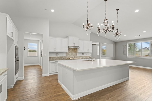 kitchen featuring visible vents, vaulted ceiling, a sink, under cabinet range hood, and stainless steel appliances