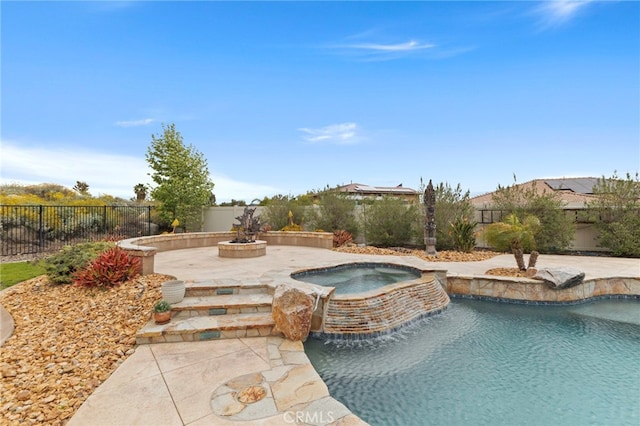 view of pool with a fenced in pool, a fenced backyard, a patio area, and an in ground hot tub