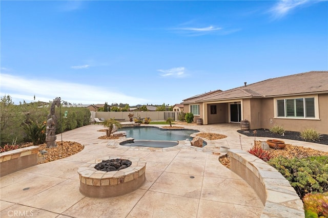 30404 Canyon Point Cir, Menifee, CA 92584 - view of pool featuring a fire pit, a patio, and a fenced backyard