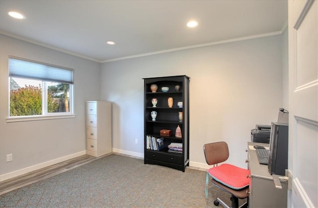 carpeted office with crown molding, recessed lighting, and baseboards