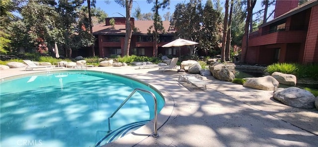 outdoor pool with a patio area