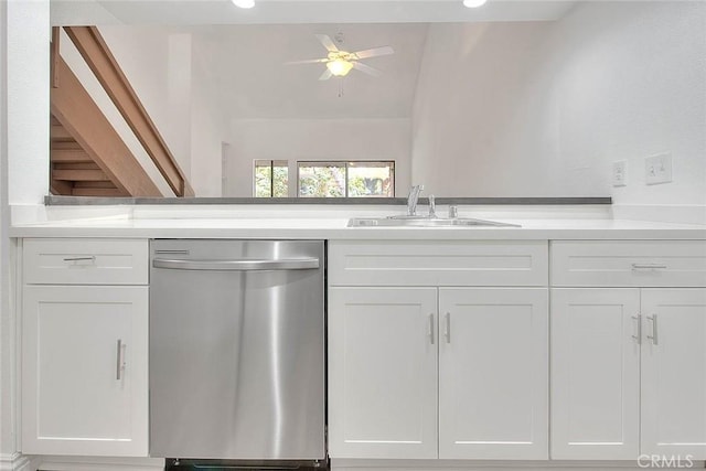 348 S Prospectors Rd Unit 8, Diamond Bar, CA 91765 - kitchen featuring stainless steel dishwasher, a sink, light countertops, white cabinetry, and a ceiling fan