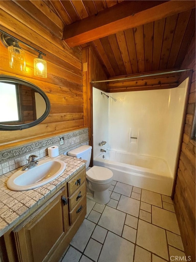 full bathroom with wooden walls, shower / tub combination, vanity, toilet, and wood ceiling