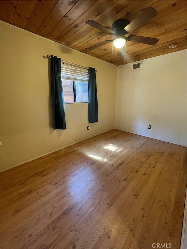 unfurnished room featuring wooden ceiling, wood-type flooring, a ceiling fan, and visible vents