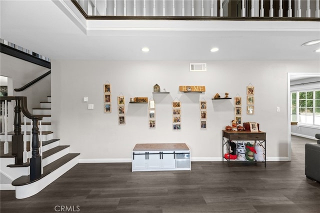 15064 Marcolesco St, Lake Elsinore, CA 92530 - interior space featuring dark wood-style flooring, stairs, recessed lighting, baseboards, and visible vents