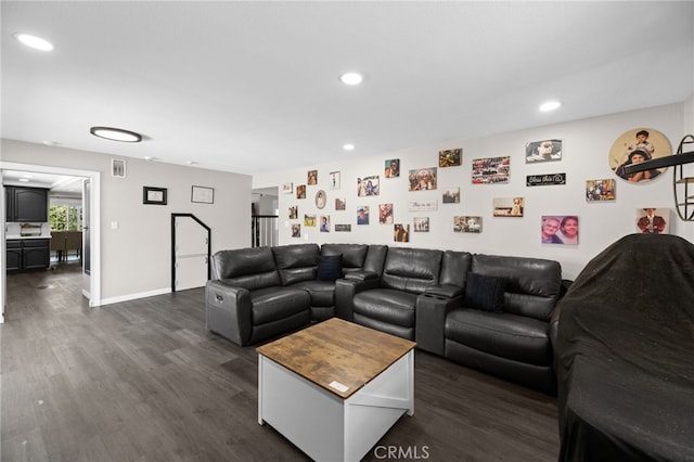 15064 Marcolesco St, Lake Elsinore, CA 92530 - living room with baseboards, visible vents, recessed lighting, and dark wood-type flooring