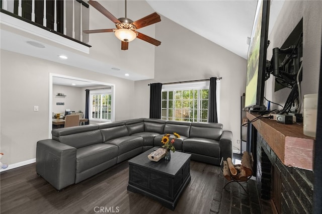 15064 Marcolesco St, Lake Elsinore, CA 92530 - living room featuring high vaulted ceiling, wood finished floors, a fireplace, and ceiling fan