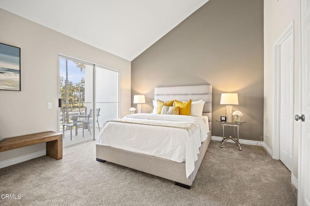 bedroom featuring access to outside, carpet flooring, baseboards, and vaulted ceiling