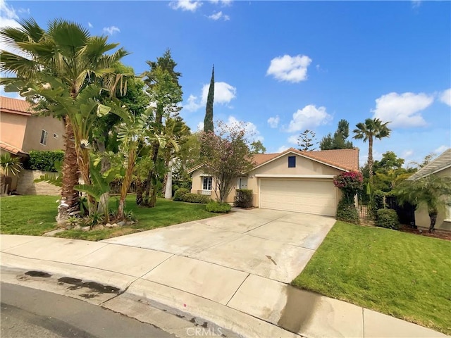 103 Buckthorn Way, Corona, CA 92881 - view of front of home featuring a garage, driveway, a front yard, stucco siding, and a tiled roof