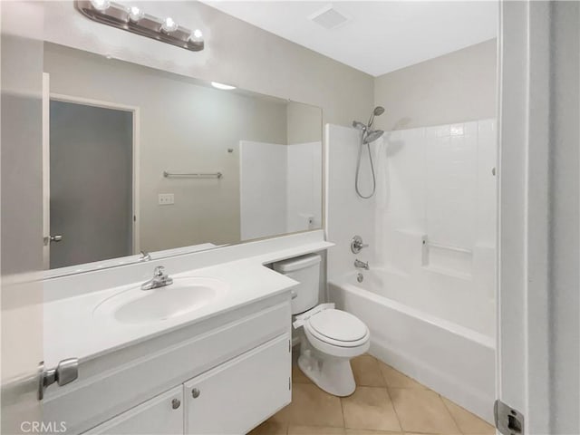 bathroom with tile patterned flooring, vanity, toilet, tub / shower combination, and visible vents