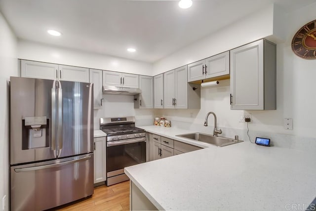 kitchen with gray cabinets, a sink, light countertops, under cabinet range hood, and stainless steel appliances