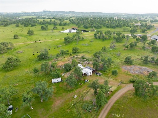 birds eye view of property with a water view and a rural view