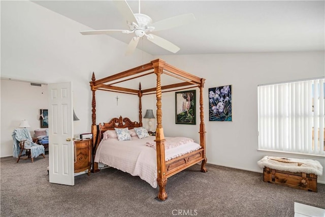 bedroom with carpet floors, a ceiling fan, visible vents, and vaulted ceiling