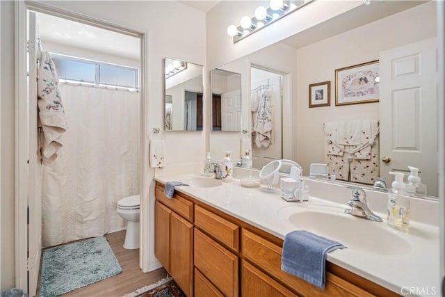 bathroom with double vanity, toilet, a sink, and wood finished floors