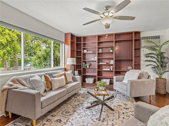 1234 N Pass Ave, Burbank, CA 91505 - living room with a textured ceiling, baseboards, a ceiling fan, and wood finished floors