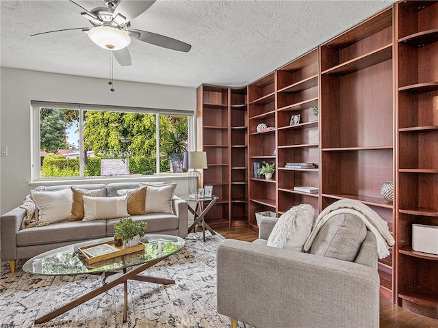 1234 N Pass Ave, Burbank, CA 91505 - living area with a textured ceiling, ceiling fan, and wood finished floors