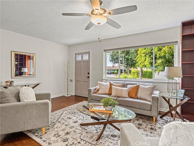 1234 N Pass Ave, Burbank, CA 91505 - living room with baseboards, a textured ceiling, ceiling fan, and wood finished floors