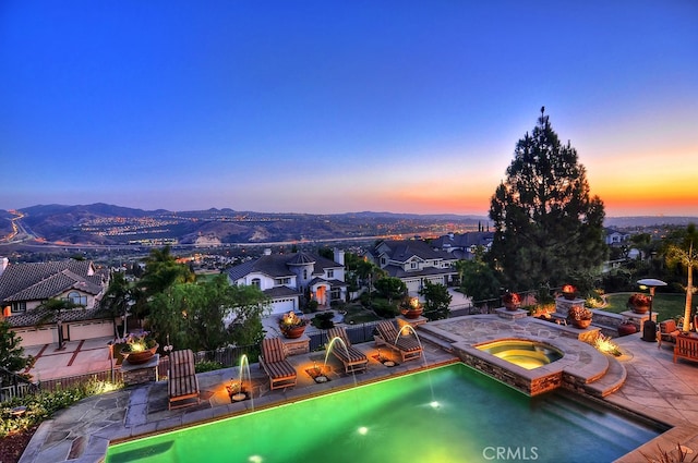 26930 Ironstone, Yorba Linda, CA 92887 - view of swimming pool with an in-ground hot tub, a patio area, a mountain view, and fence
