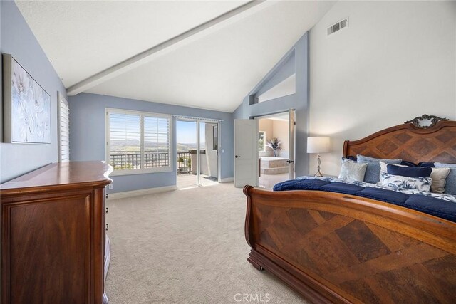 26930 Ironstone, Yorba Linda, CA 92887 - bedroom with access to exterior, light colored carpet, baseboards, and high vaulted ceiling