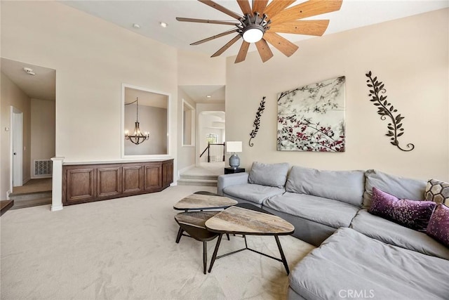 26930 Ironstone, Yorba Linda, CA 92887 - living area featuring light colored carpet, ceiling fan, a chandelier, and recessed lighting