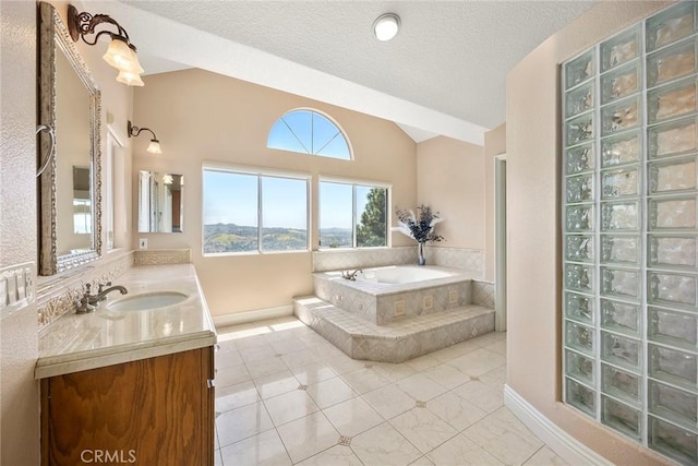 26930 Ironstone, Yorba Linda, CA 92887 - full bath with a garden tub, tile patterned flooring, a textured ceiling, vanity, and lofted ceiling