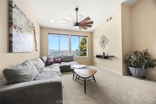 26930 Ironstone, Yorba Linda, CA 92887 - living room featuring carpet flooring, baseboards, ceiling fan, and lofted ceiling