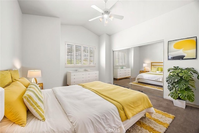 26930 Ironstone, Yorba Linda, CA 92887 - bedroom featuring carpet floors, vaulted ceiling, a ceiling fan, and a closet