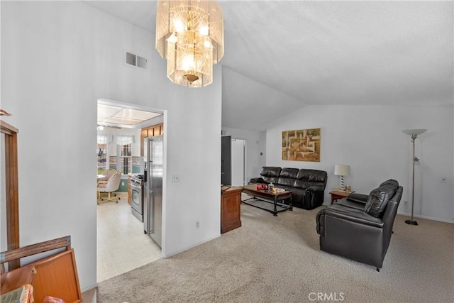 living room with light carpet, vaulted ceiling, and a chandelier