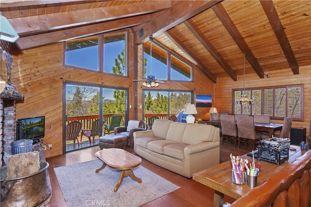 living area featuring wood walls, wood finished floors, wooden ceiling, and beamed ceiling