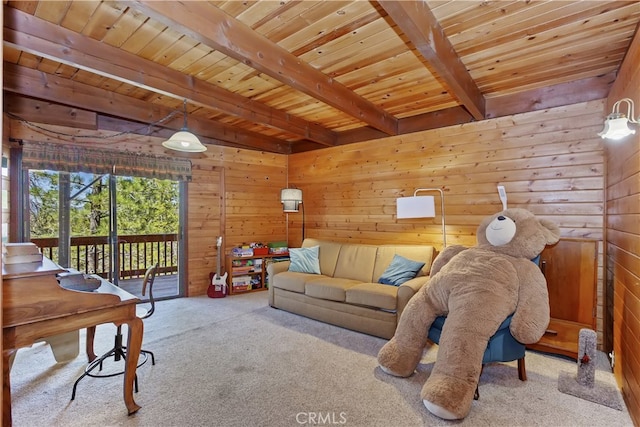 living area with carpet floors, wooden walls, wooden ceiling, and beam ceiling