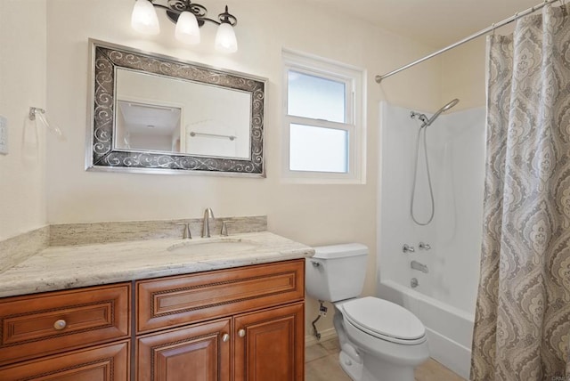 5884 Redondo Dr, Bonsall, CA 92003 - full bath featuring vanity, toilet, shower / bathtub combination with curtain, and tile patterned floors