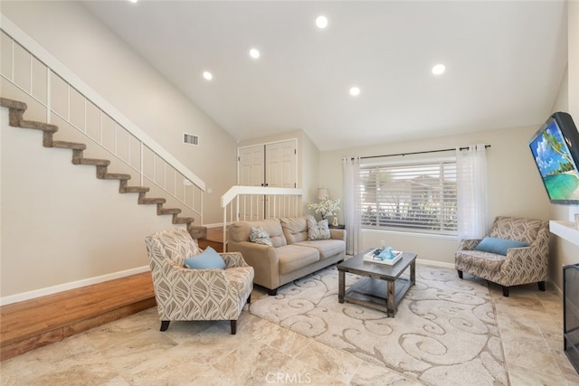 1452 Granada, Corona, CA 92878 - living area featuring baseboards, stairway, recessed lighting, and high vaulted ceiling