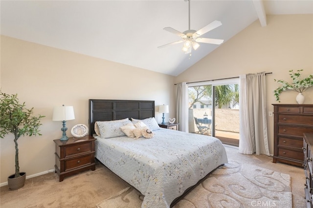 1452 Granada, Corona, CA 92878 - bedroom with access to outside, light carpet, high vaulted ceiling, beam ceiling, and baseboards