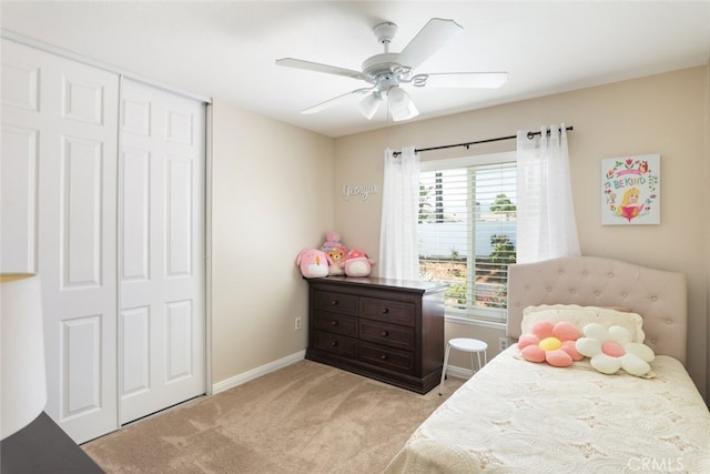 1452 Granada, Corona, CA 92878 - bedroom featuring light colored carpet, a closet, baseboards, and ceiling fan