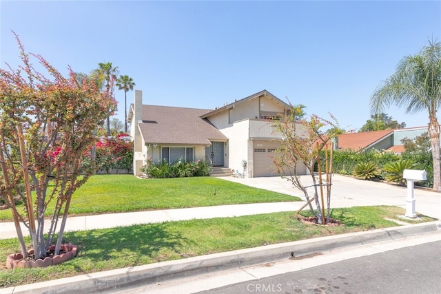 1452 Granada, Corona, CA 92878 - view of front of house featuring a balcony, driveway, a front yard, stucco siding, and an attached garage