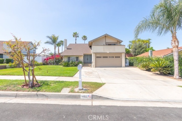 1452 Granada, Corona, CA 92878 - traditional-style house featuring concrete driveway, a balcony, a front lawn, a garage, and stucco siding