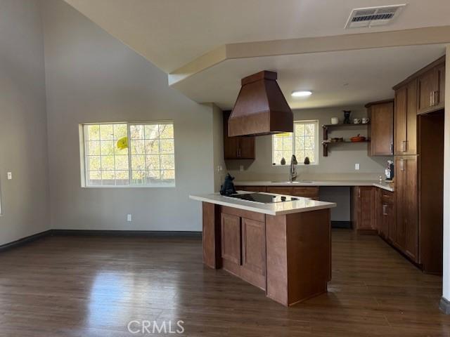 373 Davos Dr, Crestline, CA 92325 - kitchen featuring visible vents, a sink, custom exhaust hood, and dark wood-style floors