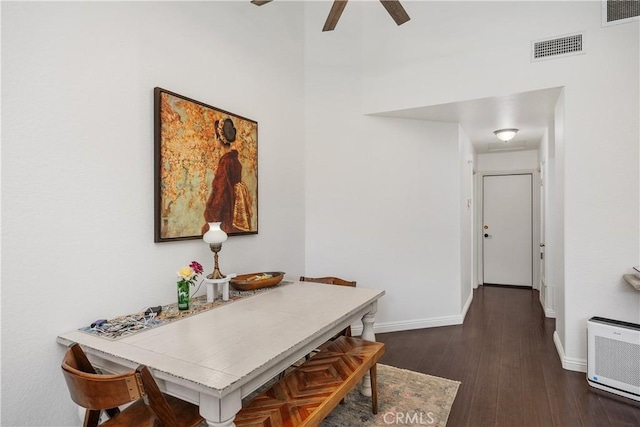 42065 Kaffirboom Ct, Temecula, CA 92591 - dining space with dark wood-style floors, a ceiling fan, baseboards, and heating unit