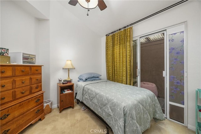 42065 Kaffirboom Ct, Temecula, CA 92591 - bedroom featuring light carpet, vaulted ceiling, access to exterior, baseboards, and ceiling fan