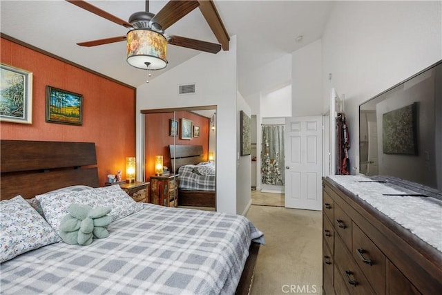 42065 Kaffirboom Ct, Temecula, CA 92591 - bedroom with light colored carpet, high vaulted ceiling, and a closet