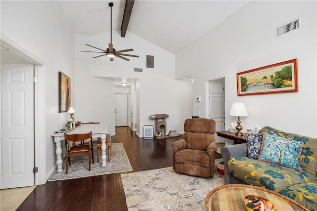 42065 Kaffirboom Ct, Temecula, CA 92591 - living room featuring wood finished floors, beam ceiling, high vaulted ceiling, ceiling fan, and baseboards