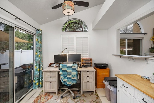 42065 Kaffirboom Ct, Temecula, CA 92591 - office with lofted ceiling, plenty of natural light, a ceiling fan, and light tile patterned floors