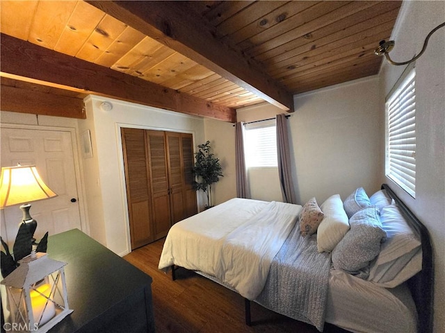 143 Cedar Ln, Sugarloaf, CA 92386 - bedroom featuring beamed ceiling, wood ceiling, wood finished floors, and a closet