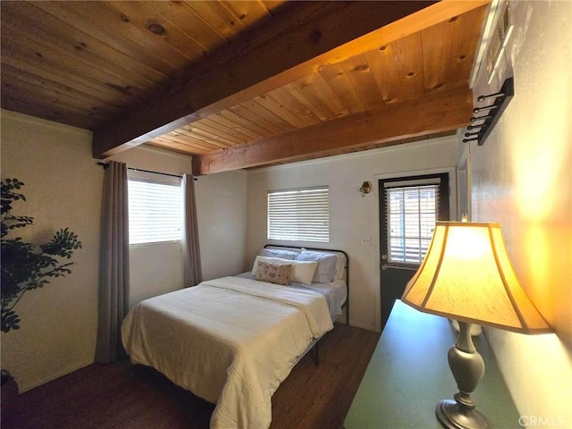 143 Cedar Ln, Sugarloaf, CA 92386 - bedroom featuring wood finished floors, wood ceiling, beam ceiling, and multiple windows